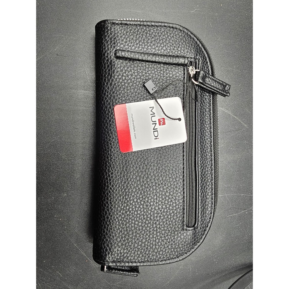 Mundi Black Pebbled Faux Leather Zip Around Wallet with Card Slots and ID Window